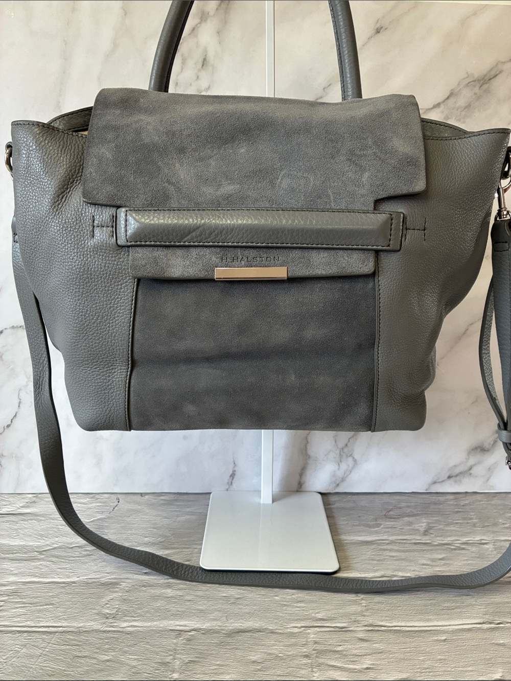 H Halston Gray Leather & Suede Shoulder Tote Bag